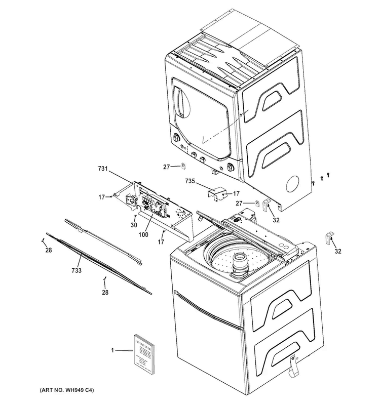 Cabinet Diagram and Parts List for GTUP240EM6WW  General Electric Washer Dryer Combo