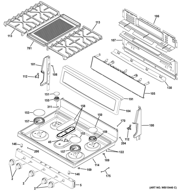 Control Panel & Cooktop Diagram and Parts List for PGB911ZEJ2SS  General Electric Range