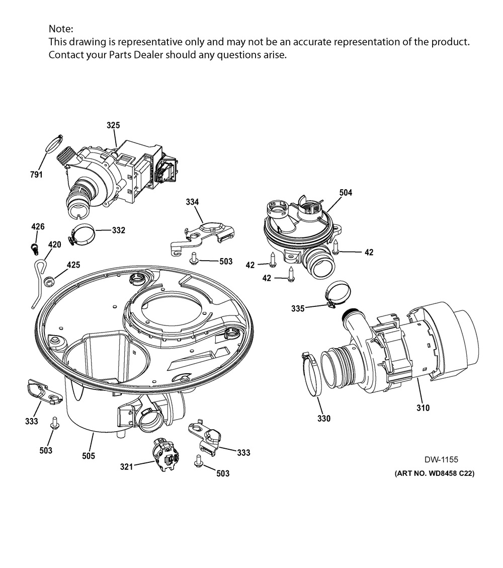 Sump And Motor Mechanism Diagram and Parts List for GTMS570ED5WW  General Electric Dishwasher