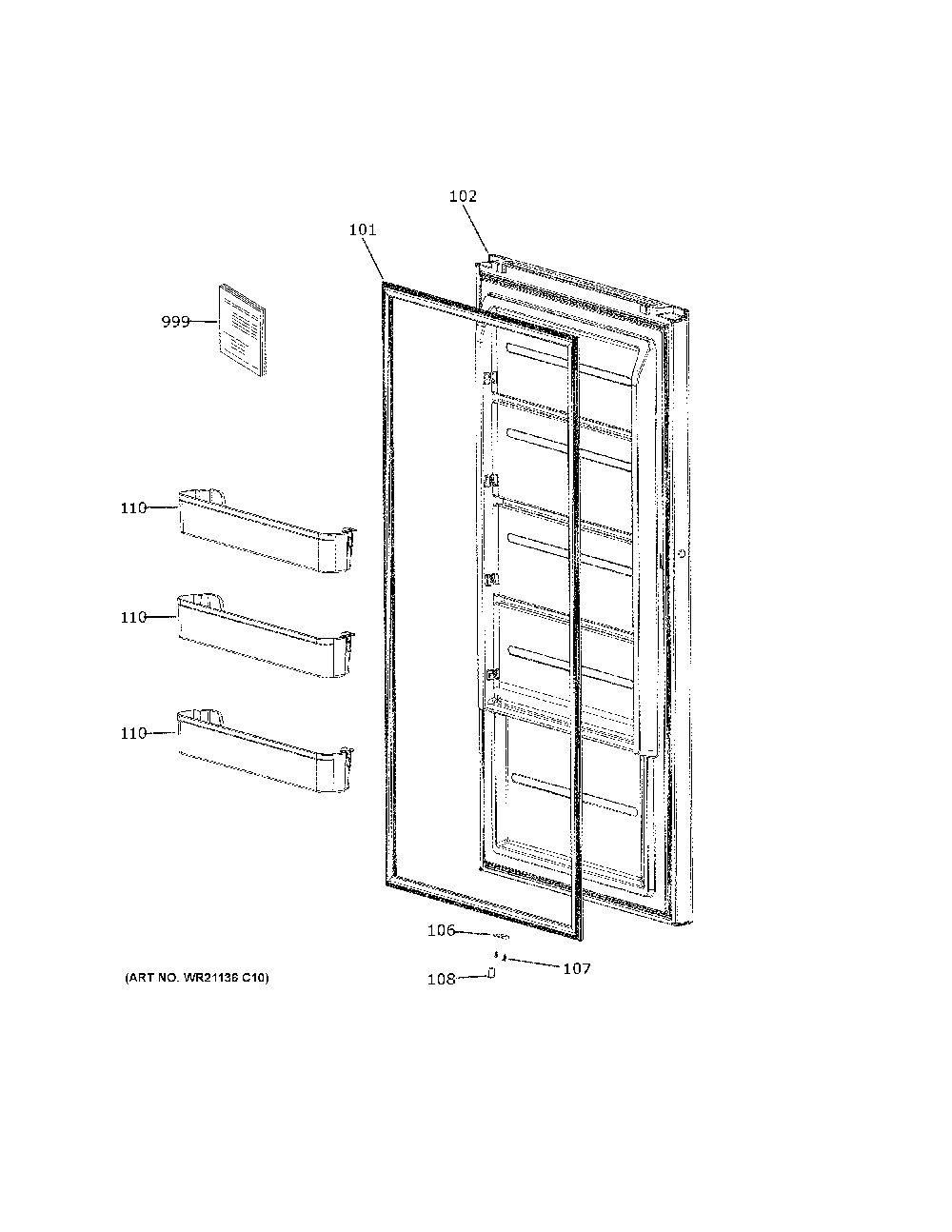 Door Diagram and Parts List for FUF17QRRAWW  General Electric Freezer