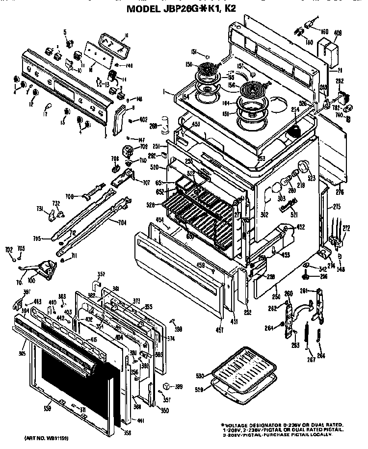 Main Body/cooktop/controls Diagram and Parts List for JBP26GK2  General Electric Range