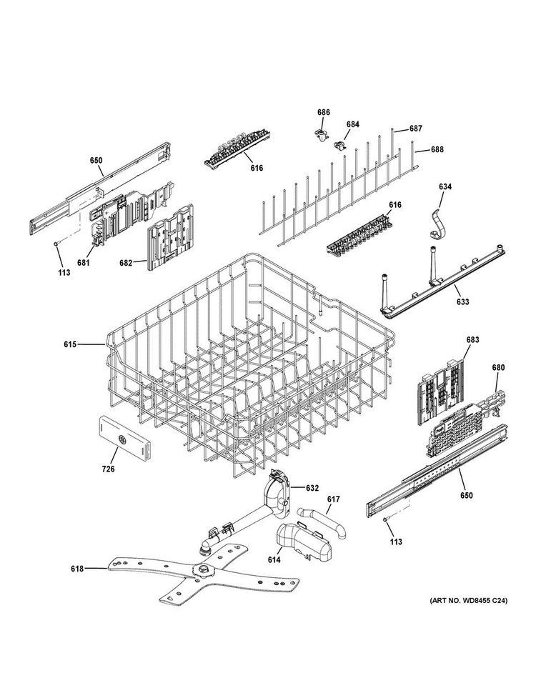 Upper Rack Assembly Diagram and Parts List for CDT865SMJ0DS  General Electric Dishwasher