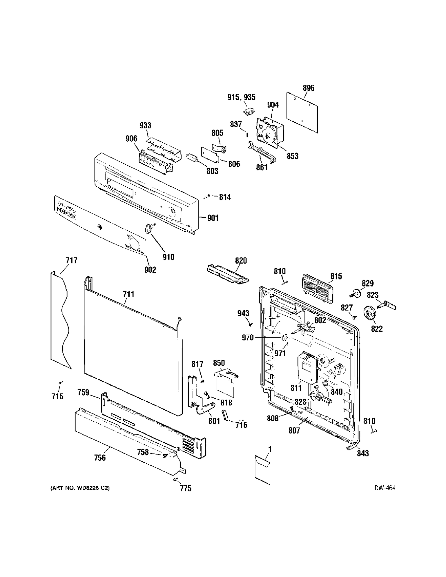 CONTROLS & DOOR Diagram and Parts List for GNSC347P00WW  General Electric Dishwasher