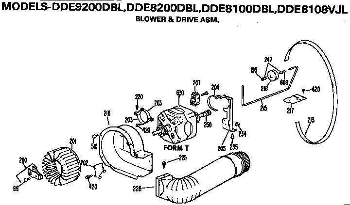 Blower And Drive Assembly Diagram and Parts List for DDE8100DBL  General Electric Dryer