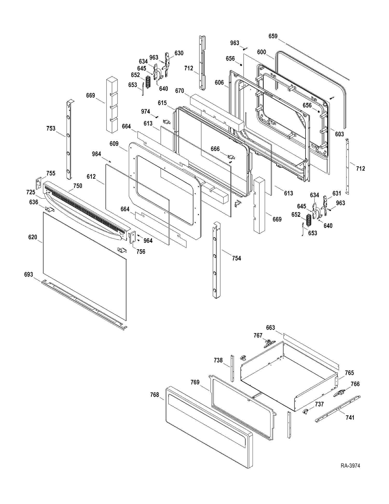 DOOR-DRAWER Diagram and Parts List for JCBP67DP2WW  General Electric Range