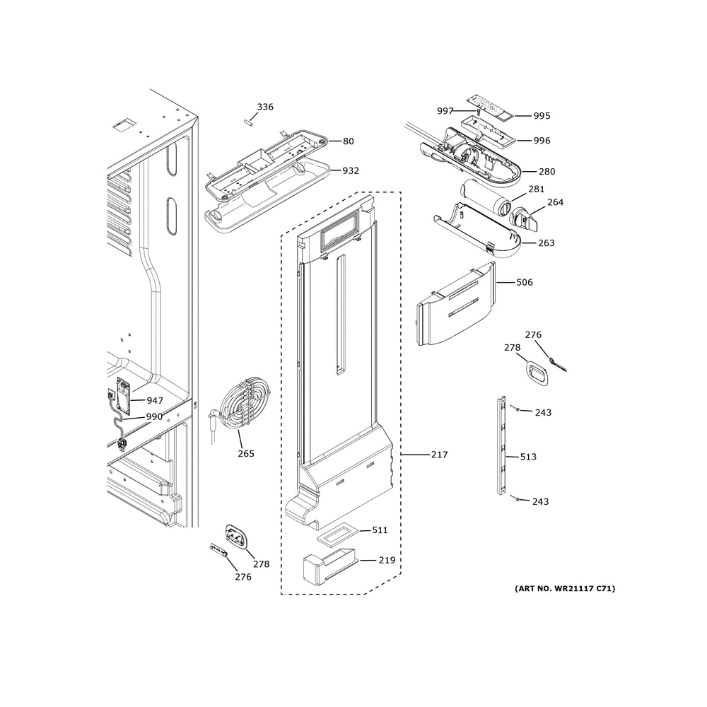 Fresh Food Section Diagram and Parts List for CWE19SP2NXS1  General Electric Refrigerator