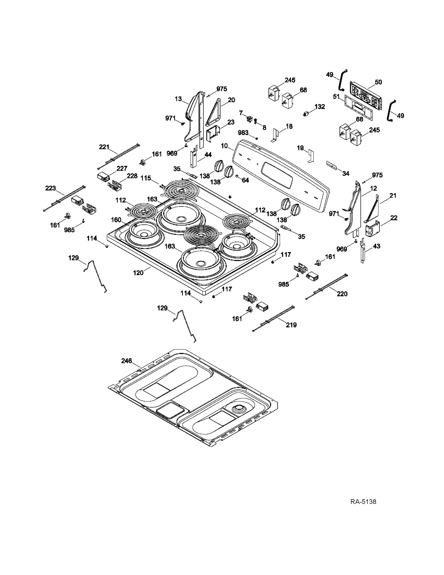 CONTROLS & COOKTOP Diagram and Parts List for JCBP250DT2WW  General Electric Range