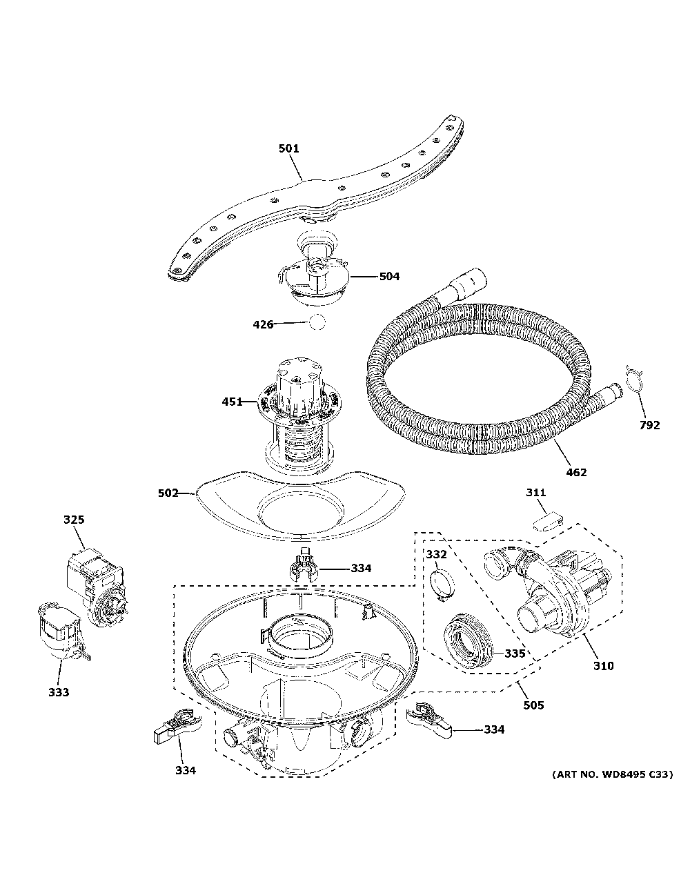 Motor, sump & filter assembly Diagram and Parts List for GDF510PGM5WW  General Electric Dishwasher