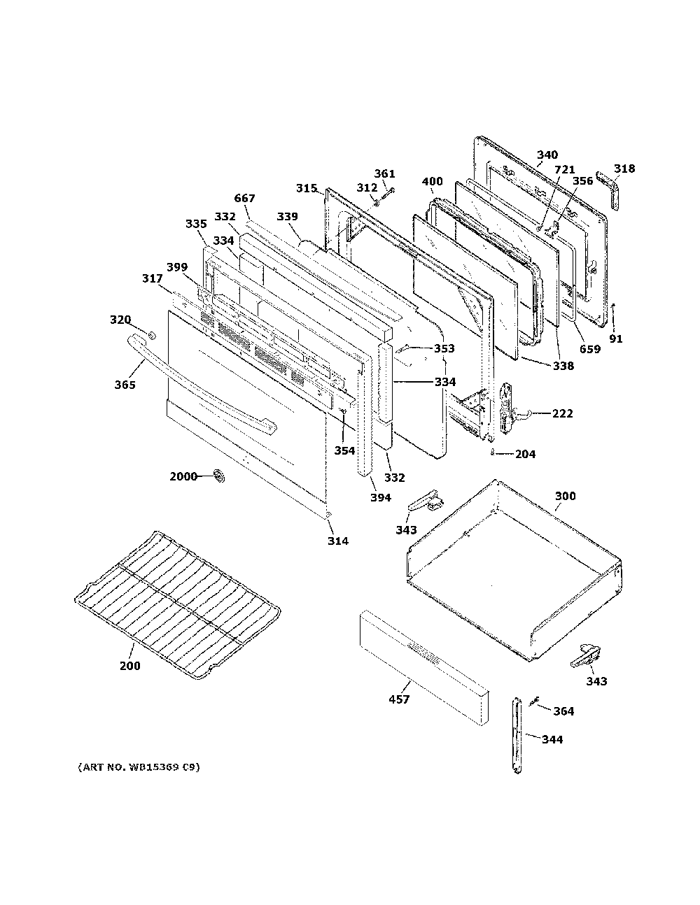 Door & drawer parts Diagram and Parts List for JB480SM2SS  General Electric Range
