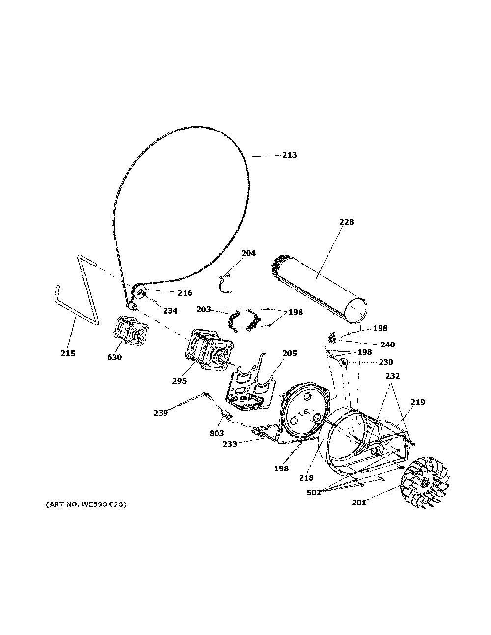 Blower And Motor Diagram and Parts List for GFV40ESCM1WW  General Electric Dryer
