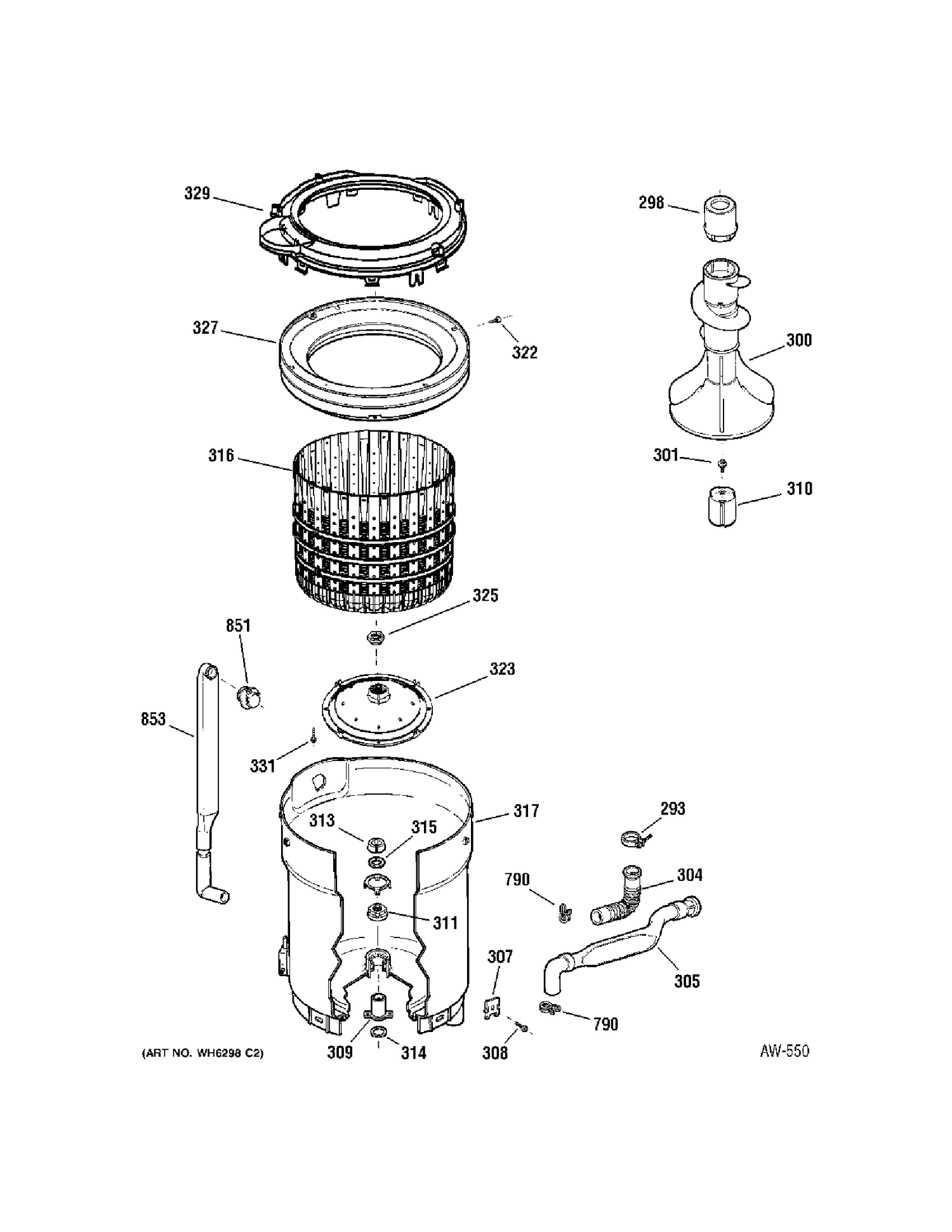 TUB Diagram and Parts List for GWSE5190E1WW  General Electric Washer
