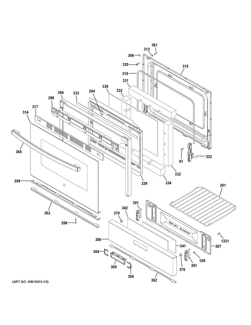 Door & Drawer Parts Diagram and Parts List for JGBS66DEK3WW  General Electric Range
