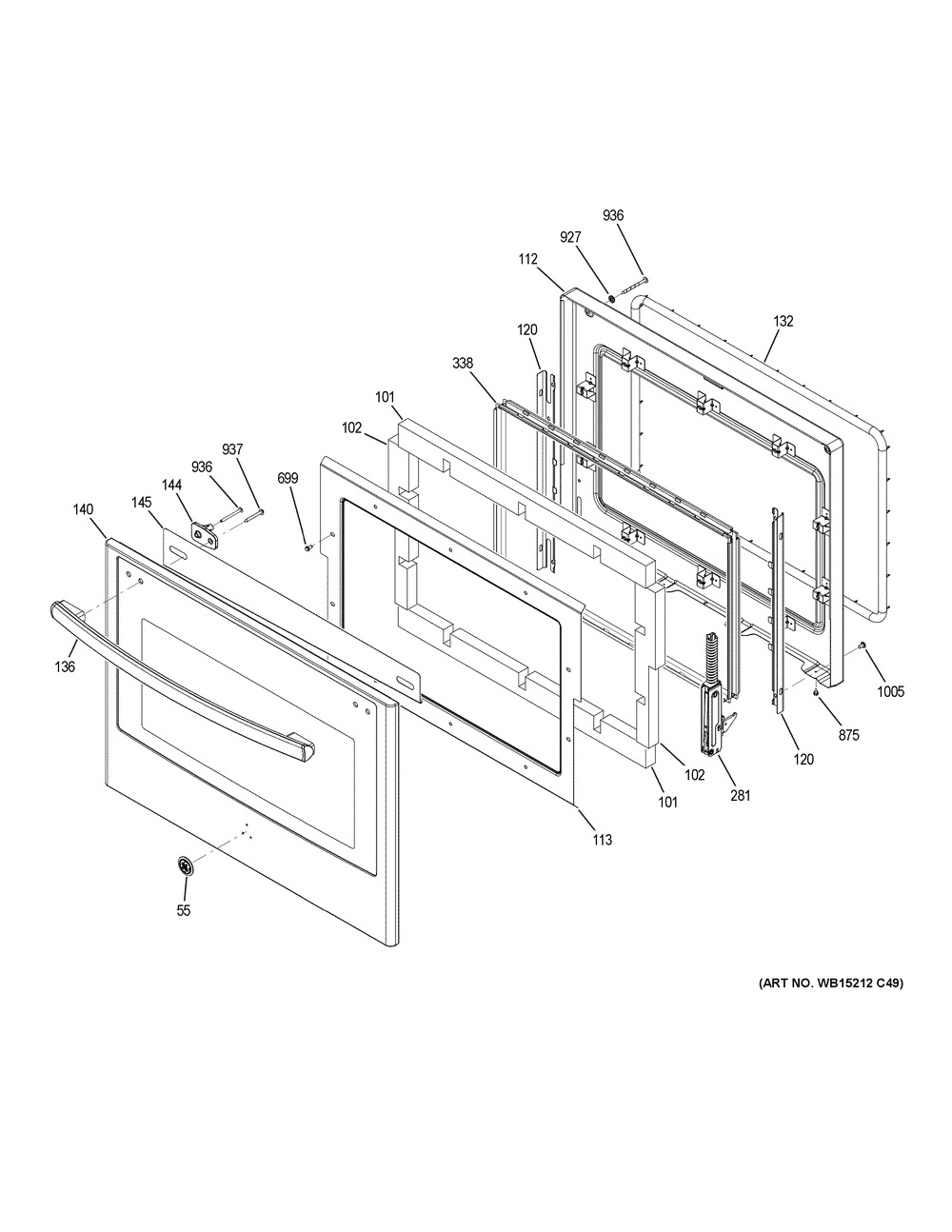 Upper Door Diagram and Parts List for PT9551BL2TS  General Electric Wall Oven