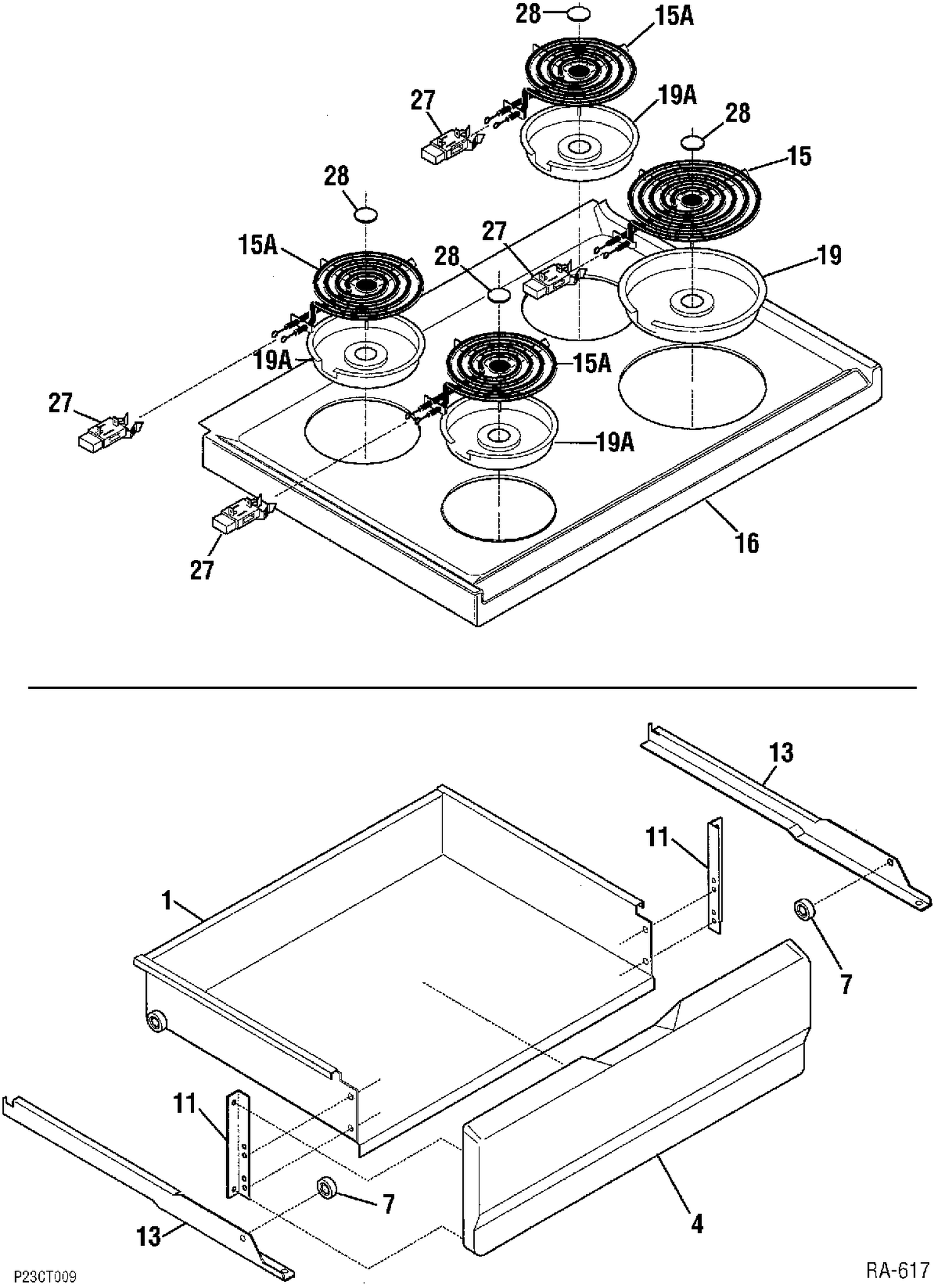 COOKTOP & DRAWER Diagram and Parts List for CRMF2150TM-1  General Electric Range