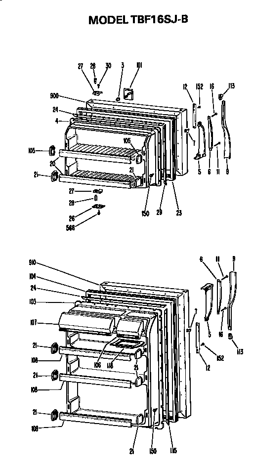 Doors Diagram and Parts List for TBF16SJBR  General Electric Refrigerator