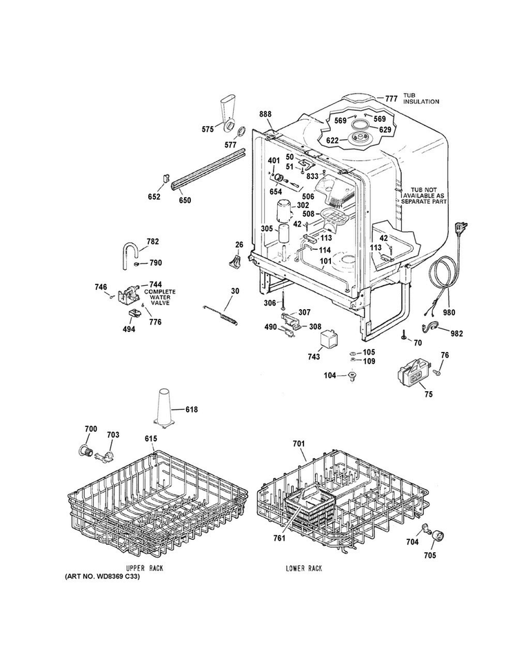 Body Parts Diagram and Parts List for GSD3301J50BB  General Electric Dishwasher