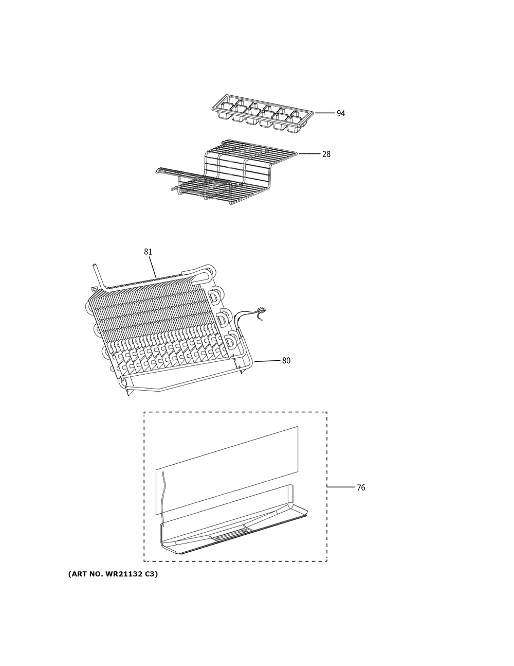 Freezer Section Diagram and Parts List for GPE12FGKDWW  General Electric Refrigerator
