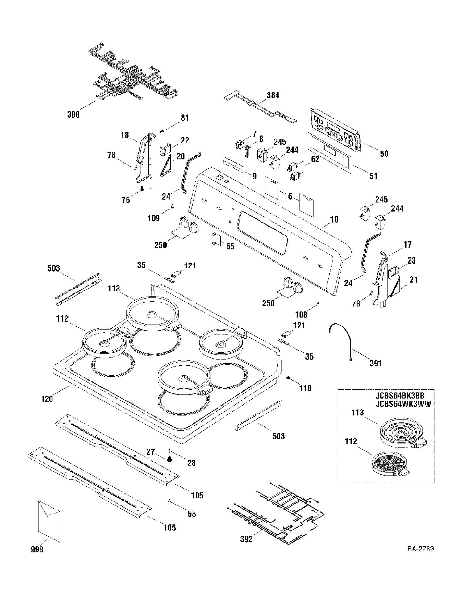 COOKTOP & CONTROL PANEL Diagram and Parts List for JCBS64WK2WW  General Electric Range