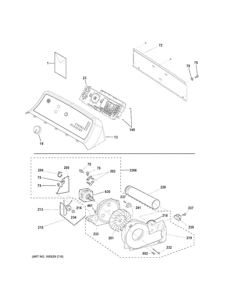 Backsplash, Blower & Motor Assembly Diagram and Parts List for GTD65EBSJ2WS  General Electric Dryer