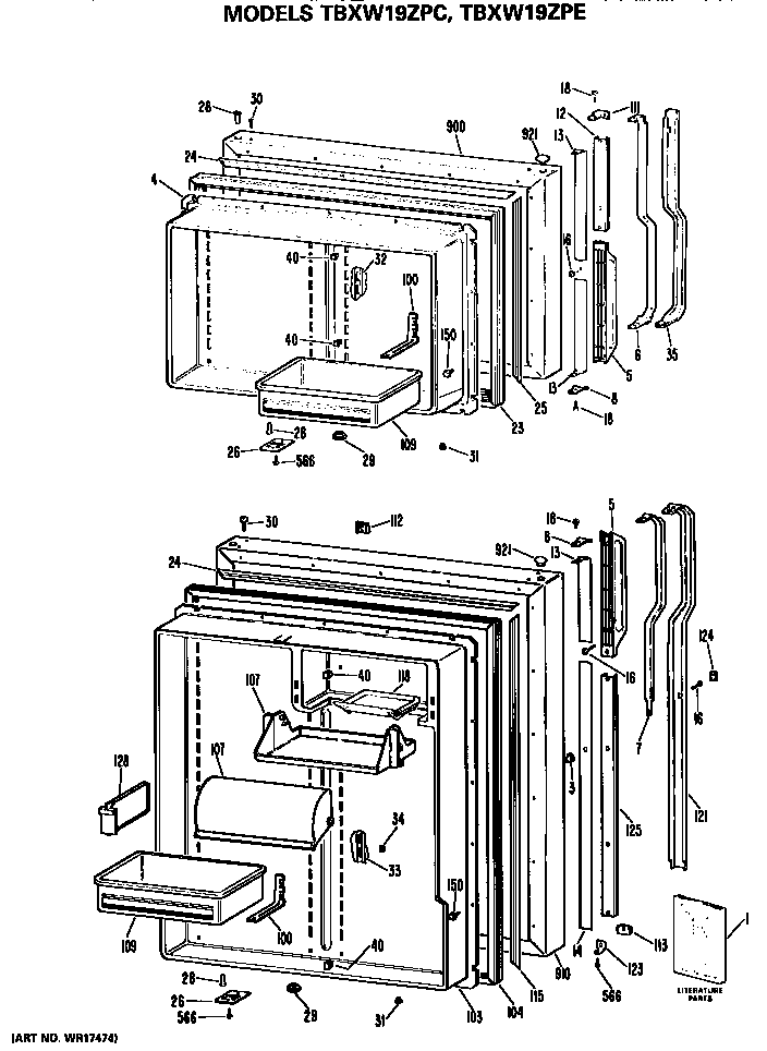 Doors Diagram and Parts List for TBXW19ZPCRWH  General Electric Refrigerator