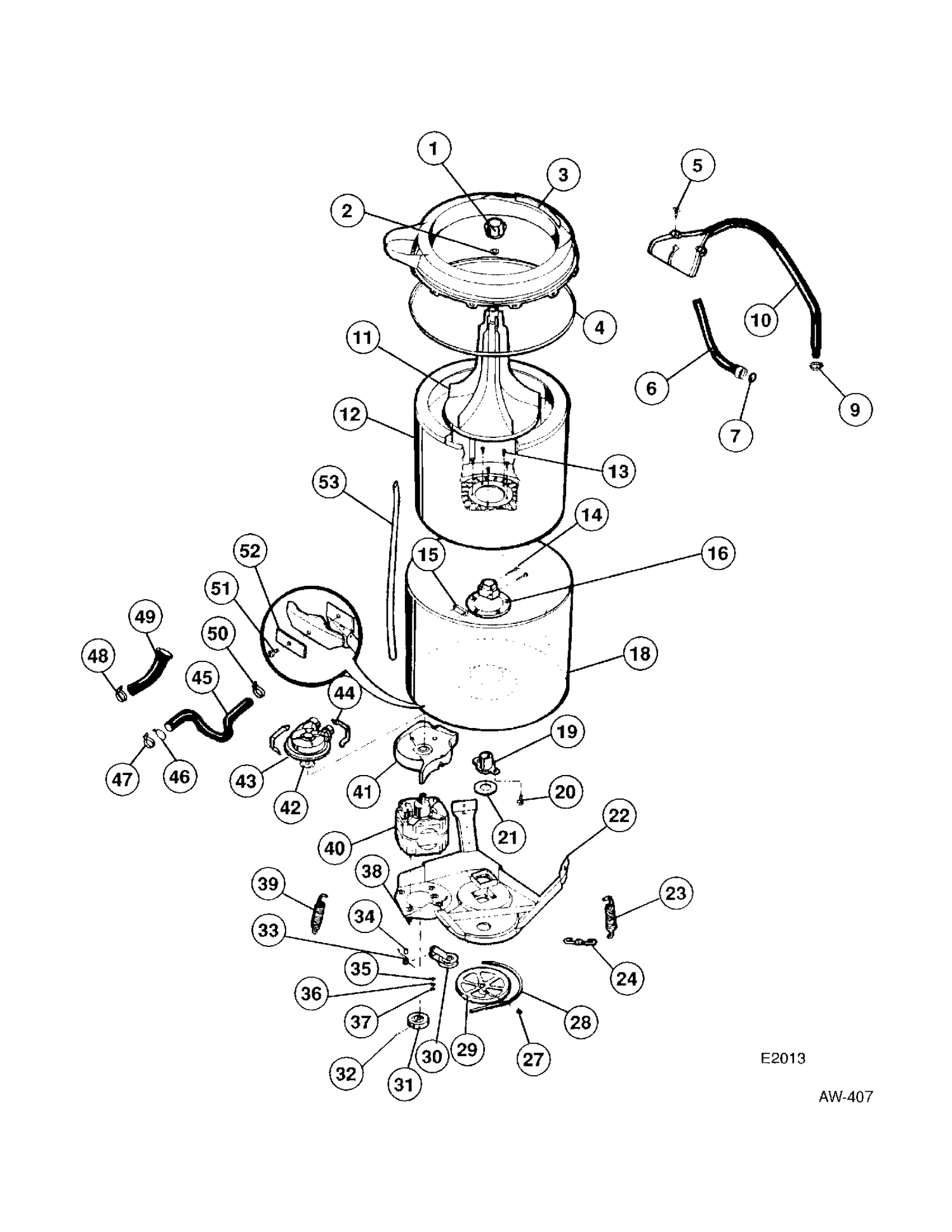 TUB & AGITATOR ASSEMBLY Diagram and Parts List for 52270-W0  General Electric Washer