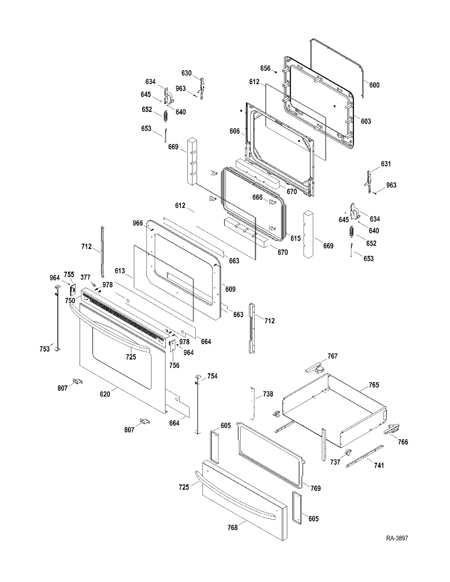 DOOR-DRAWER Diagram and Parts List for JCBP63SP1SS  General Electric Range