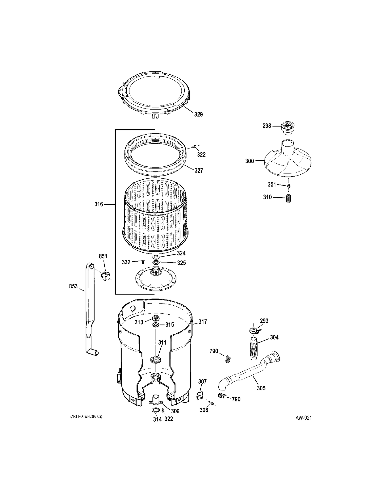 TUB Diagram and Parts List for PTAN6250M0WT  General Electric Washer