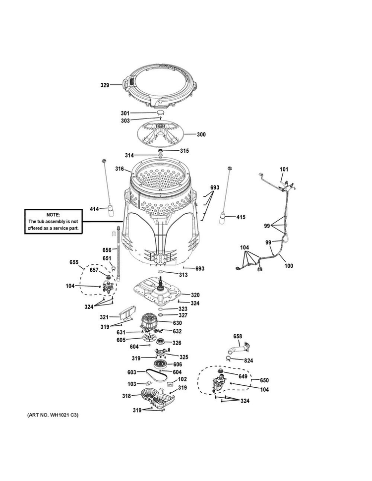 Tub & Motor Diagram and Parts List for GTW750CSL0WS  General Electric Washer