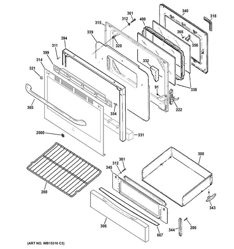 Door & Drawer Parts Diagram and Parts List for JGB640SEF5SS  General Electric Range