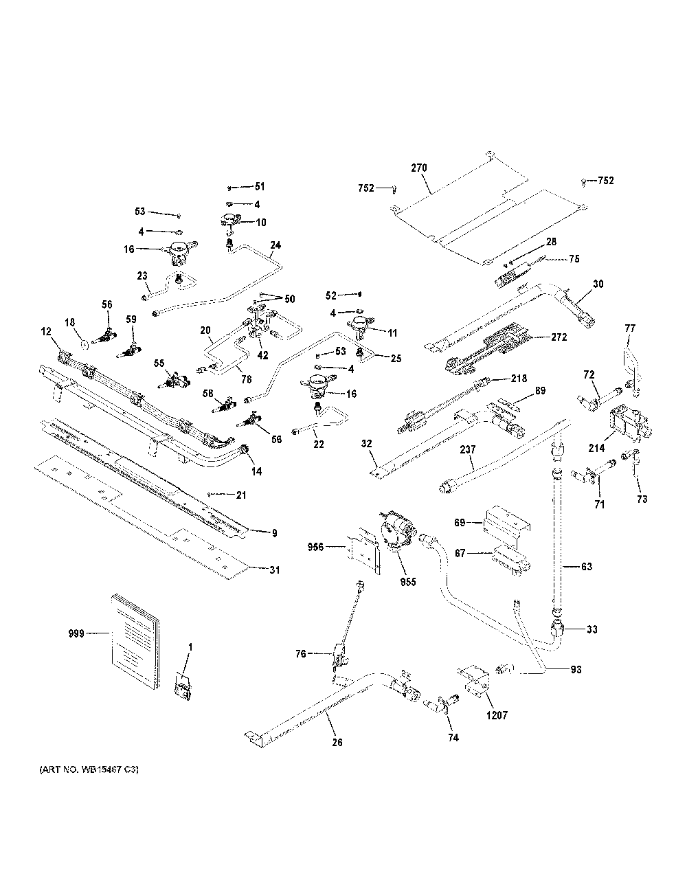 Gas And Burner Parts Diagram and Parts List for PGB960SEJ6SS  General Electric Range