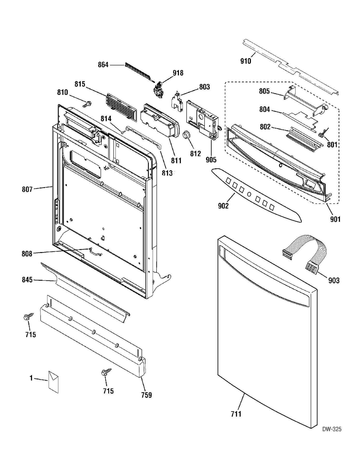 ESCUTCHEON & DOOR Diagram and Parts List for PDW7712K03SS  General Electric Dishwasher