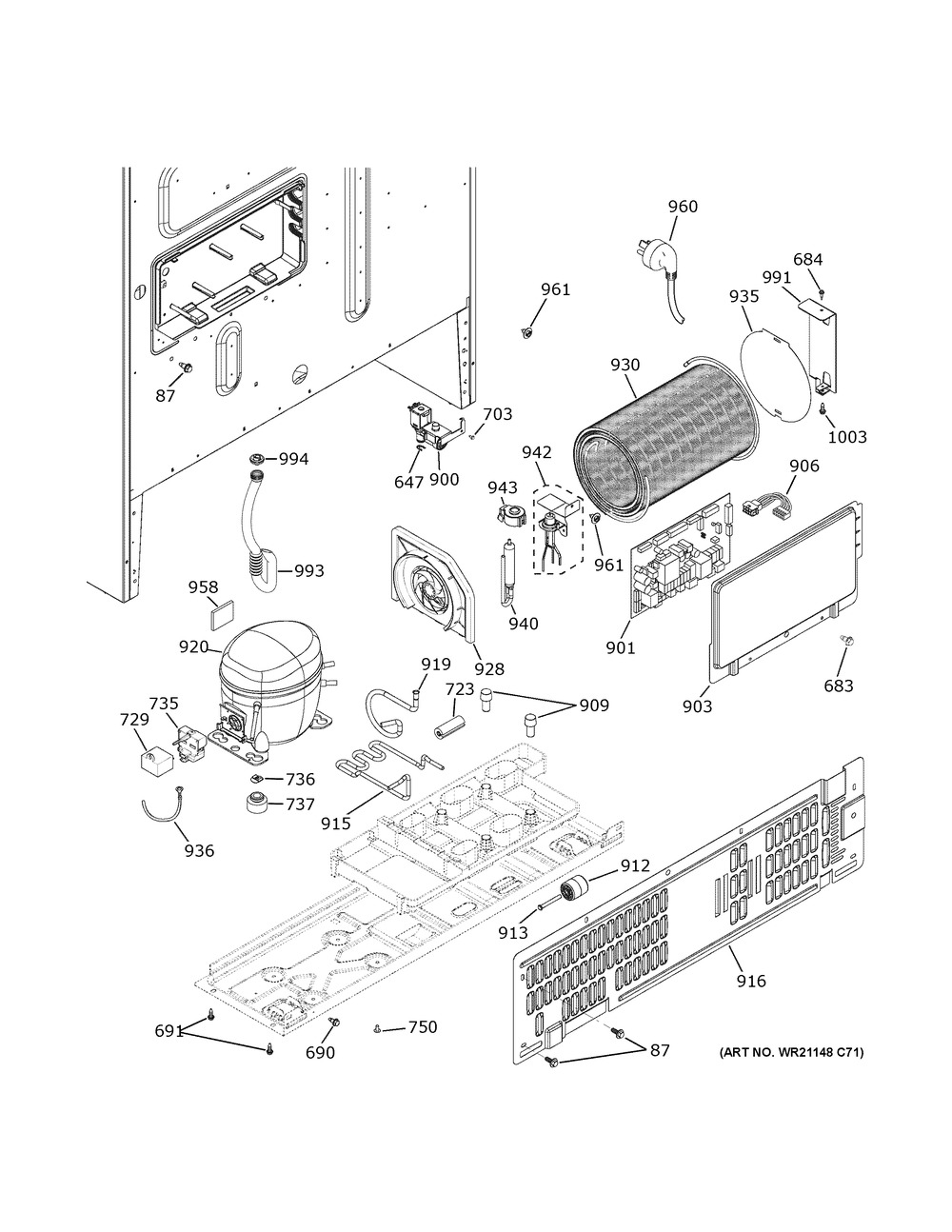 Machine Compartment Diagram and Parts List for PFE28PYNJFS  General Electric Refrigerator