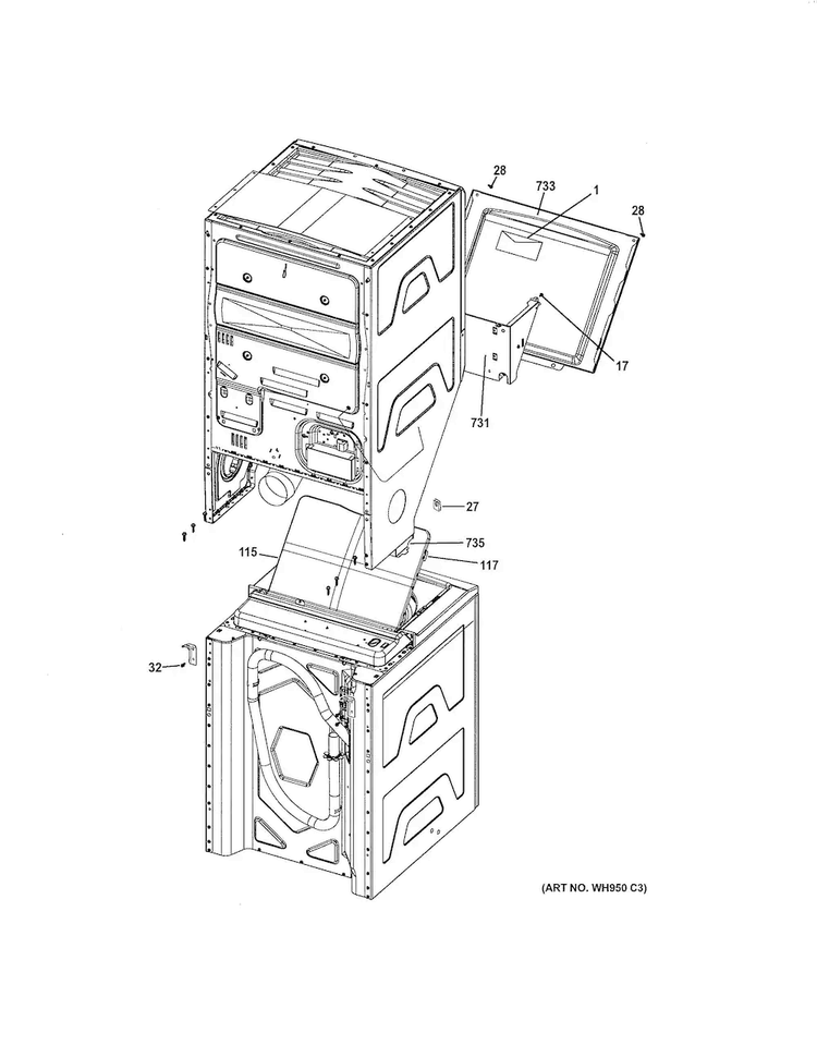 Cabinet 3 Diagram and Parts List for GTUP240EM4WW  General Electric Washer Dryer Combo