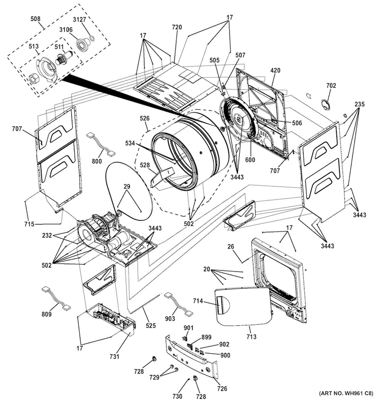 Cabinet Diagram and Parts List for GTUN275EM2WW  General Electric Washer Dryer Combo