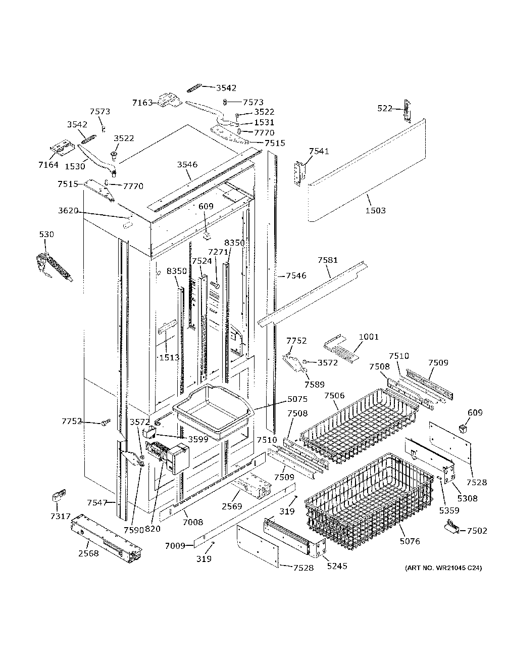 Freezer Section, Trim And Components Diagram and Parts List for ZIPS360NNHSS  General Electric Refrigerator