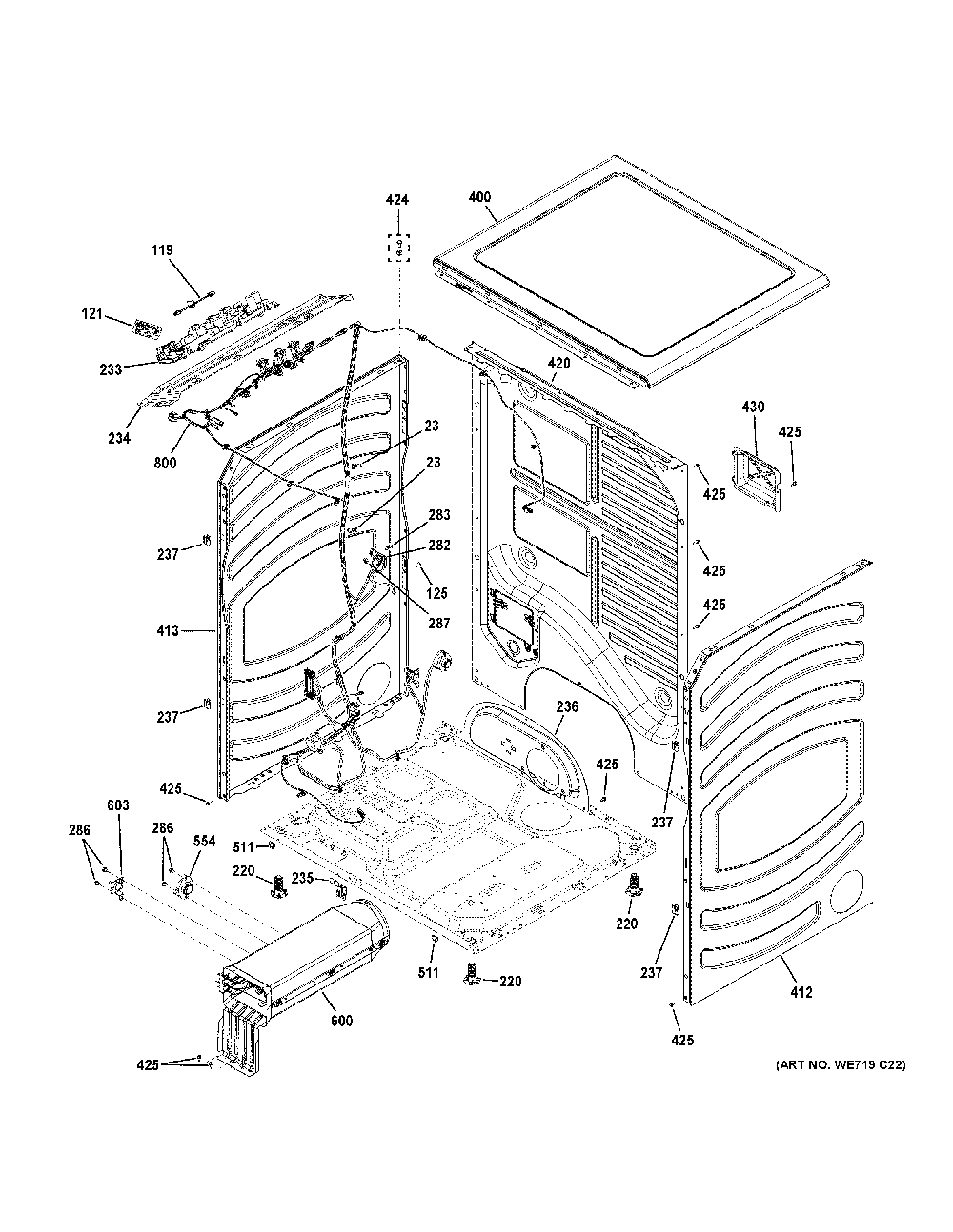 Cabinet And Top Panel Diagram and Parts List for GFD55ESPR1RS  General Electric Washer