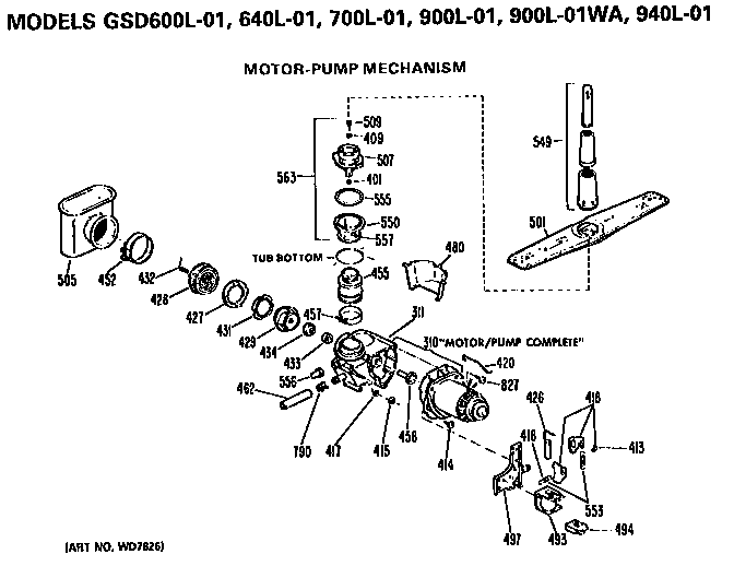 Motor-pump Diagram and Parts List for GSD700L01  General Electric Dishwasher