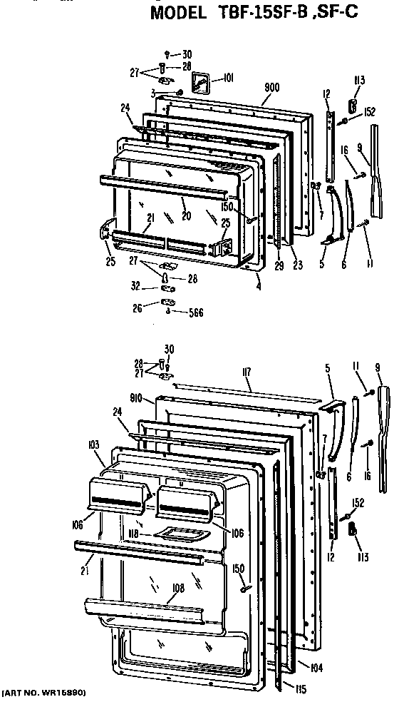 Doors Diagram and Parts List for TBF15SFC  General Electric Refrigerator