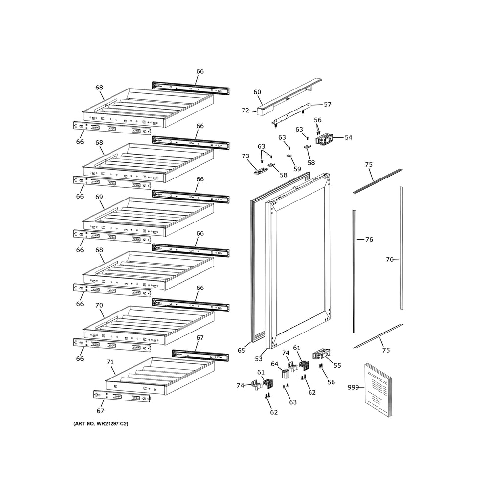 Door And Shelves Diagram and Parts List for ZIWD24PWBII  General Electric Wine and Beverage Cooler