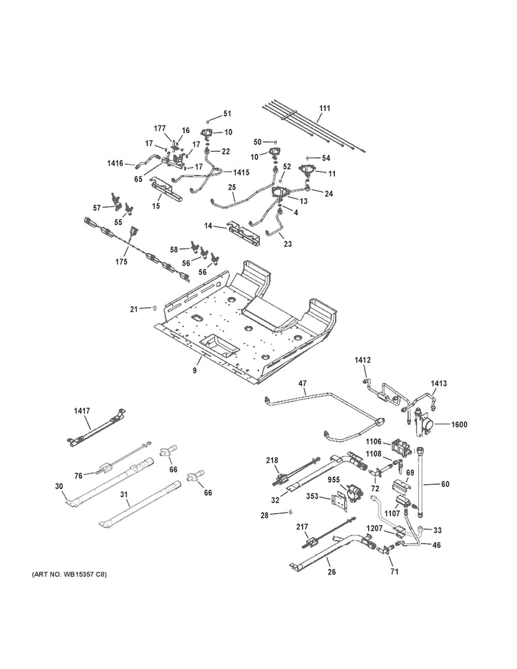 Gas & Burner Parts Diagram and Parts List for PGS950SEF1SS  General Electric Range