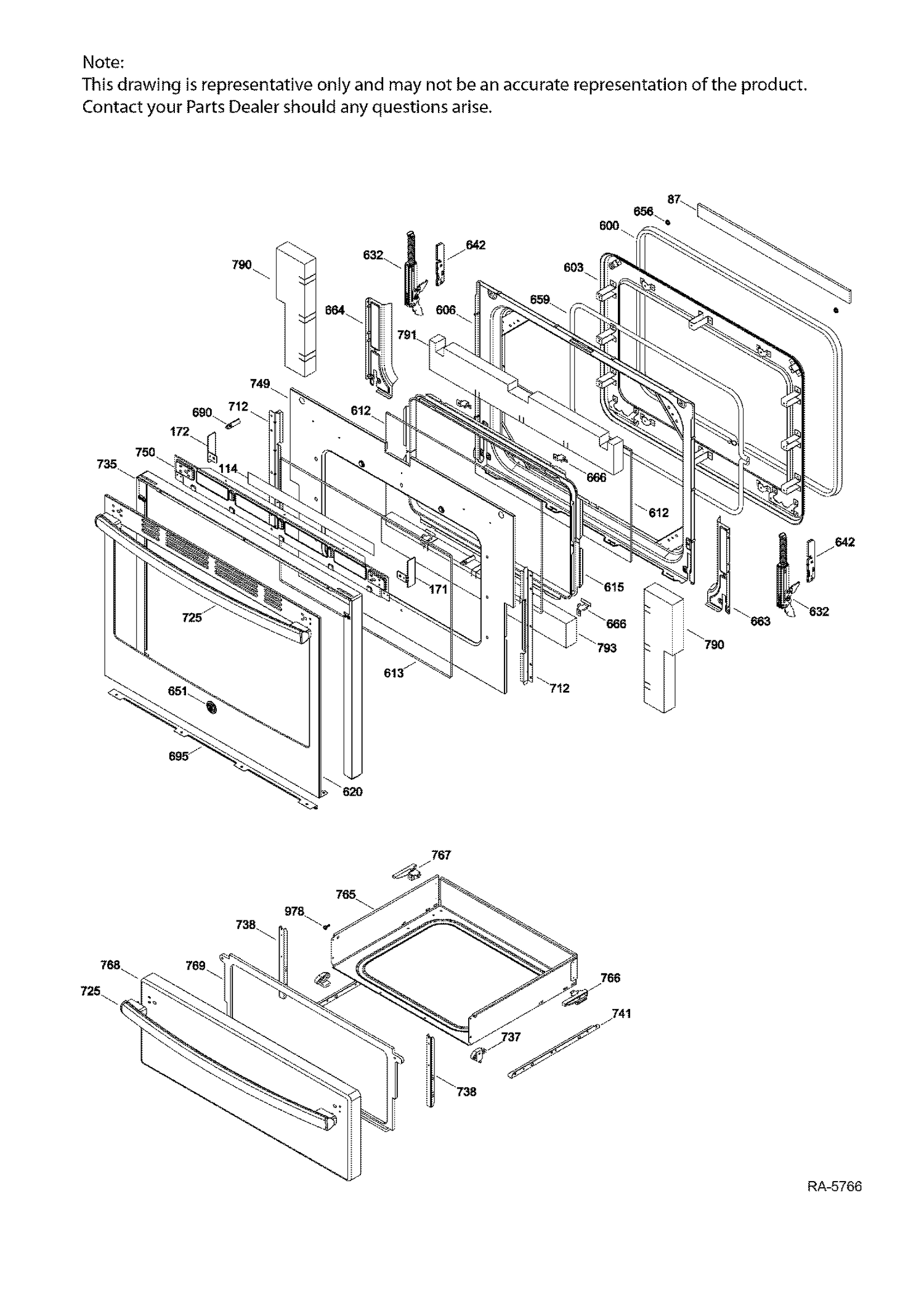 DOOR & DRAWER Diagram and Parts List for JCB840SJ1SS  General Electric Range