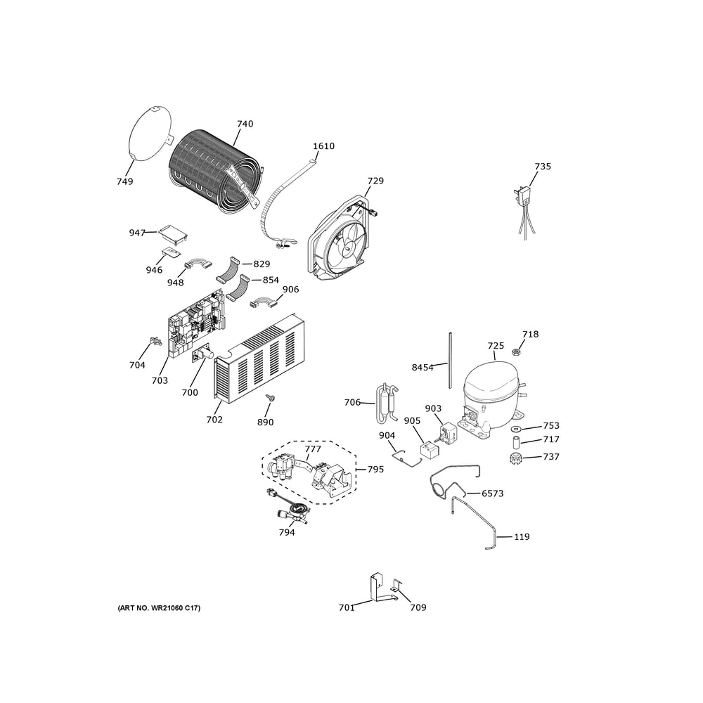 Machine Compartment Diagram and Parts List for CSB48YP2NMS1  General Electric Refrigerator