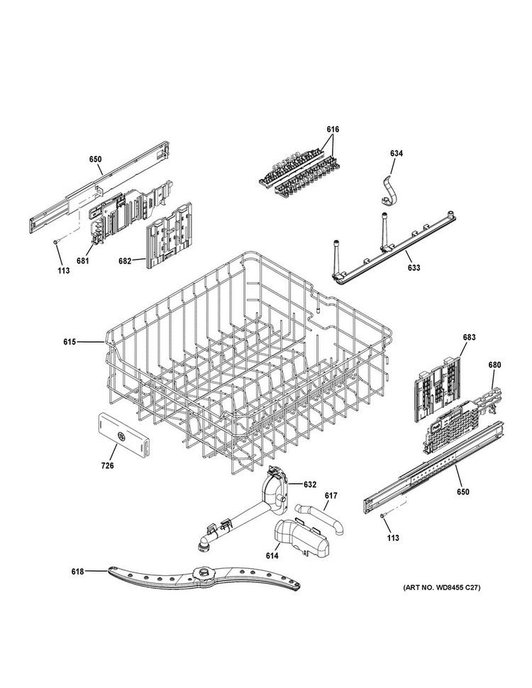 Upper Rack Assembly Diagram and Parts List for GDT695SMJ0ES  General Electric Dishwasher