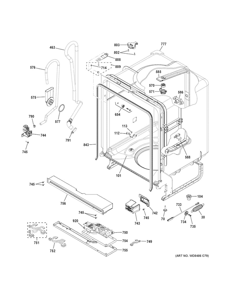 Body Parts Diagram and Parts List for GDF520PGJ2CC  General Electric Dishwasher
