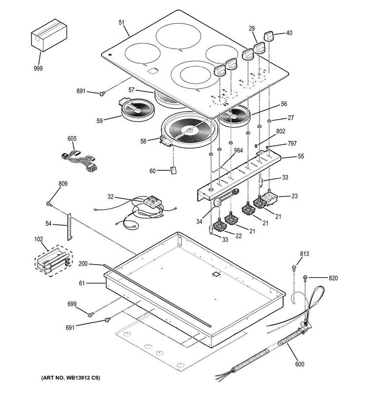 Control Panel & Cooktop Diagram and Parts List for JP3530DJ1BB  General Electric Cooktop