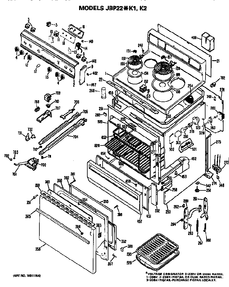Main Body/cooktop/controls Diagram and Parts List for JBP22K2  General Electric Range