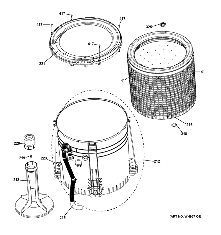 Tub, Basket & Agitator Diagram and Parts List for GTUP270GM5WW  General Electric Washer Dryer Combo
