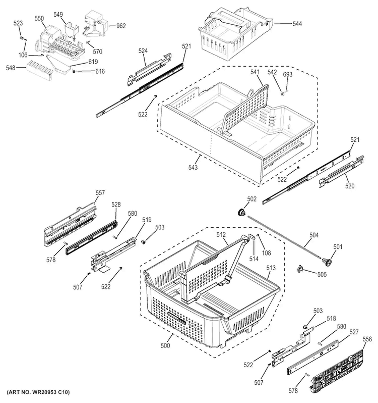 Freezer Shelves Diagram and Parts List for ZWE23ESHBSS  General Electric Refrigerator
