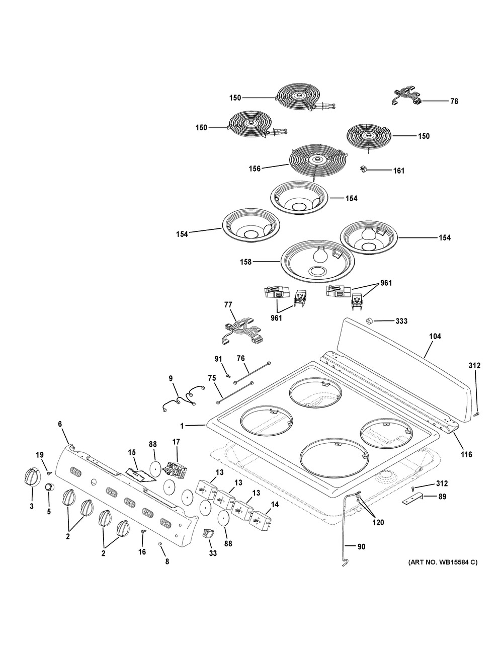 Control Panel & Cooktop Diagram and Parts List for RAS300DM1WW  General Electric Range