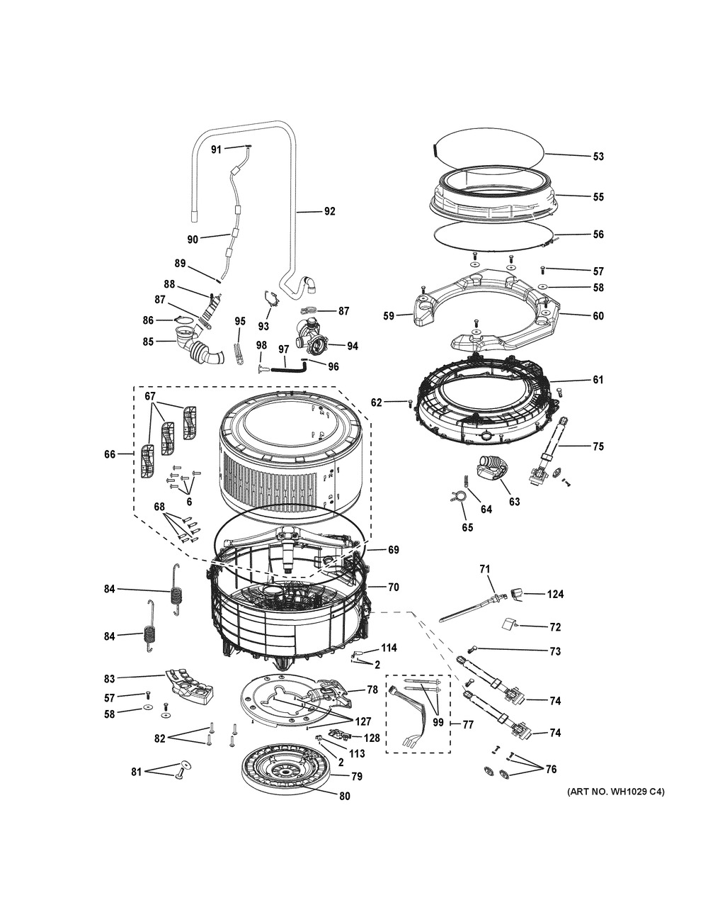 Tub Diagram and Parts List for GFW148SSM1WW  General Electric Washer